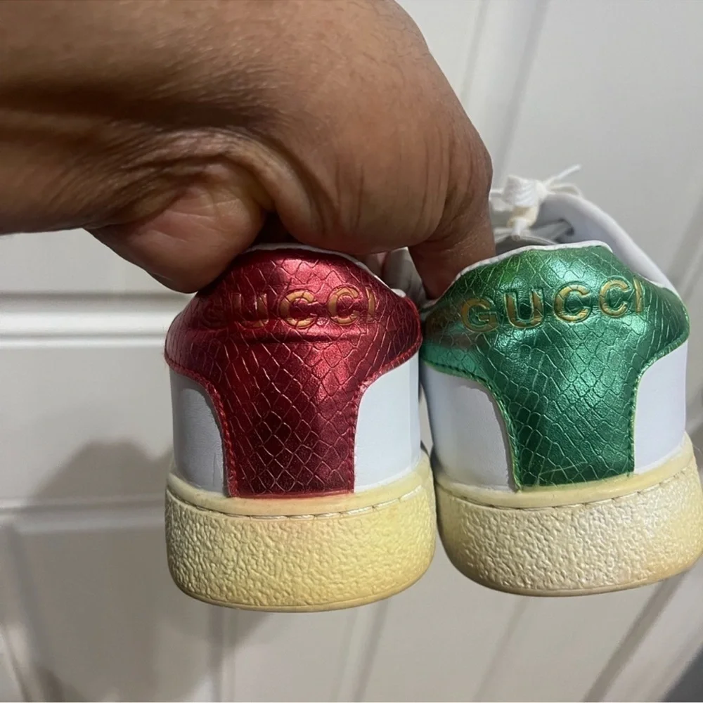 Gucci White Leather Sneakers with Green & Red Stripe and Gold Tiger Patch Sz 7.5 - Picture 8 of 16